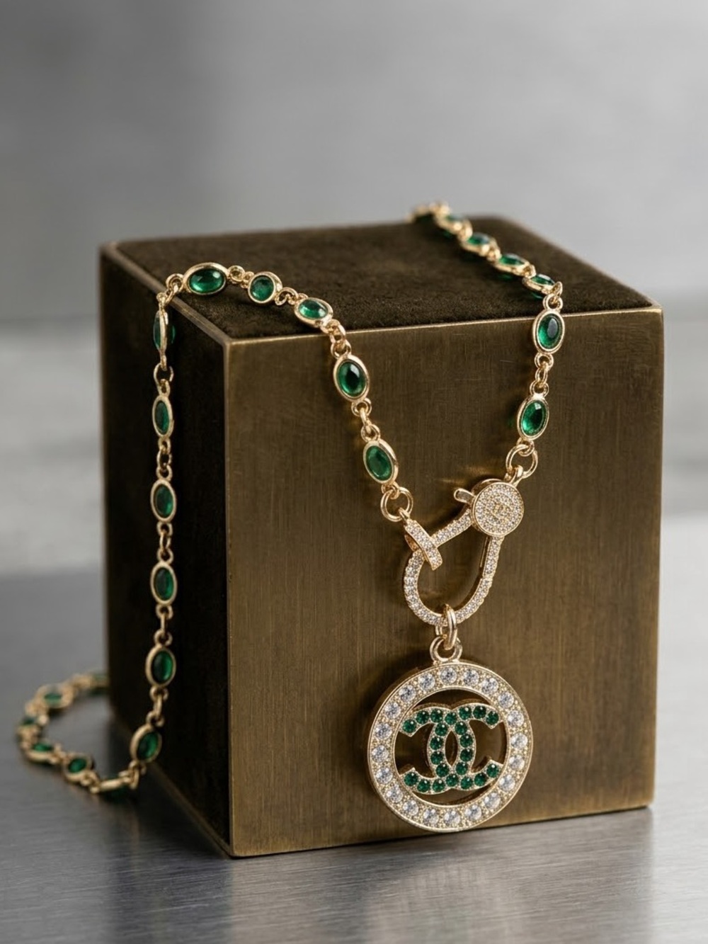 Gold and Green Pendant Necklace with Emerald Accents